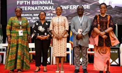 Participants in the Policy Roundtable and Wrap-Up from Left to Right: Prof. Nana Aba Appiah Amfo, Dr Nomakwezi Mzilikazi, Prof. Sarah Ssali, Prof. David Asamoah, and Prof. Oluyemisi Bamgbose, SAN on 31st October 2025. Day 3 of the 5th African Research Universities Alliance (ARUA) Biennial International Conference on Research, Innovation and Artificial Intelligence, October 31, 2025 hosted by Makerere University, Kampala Uganda, East Africa.