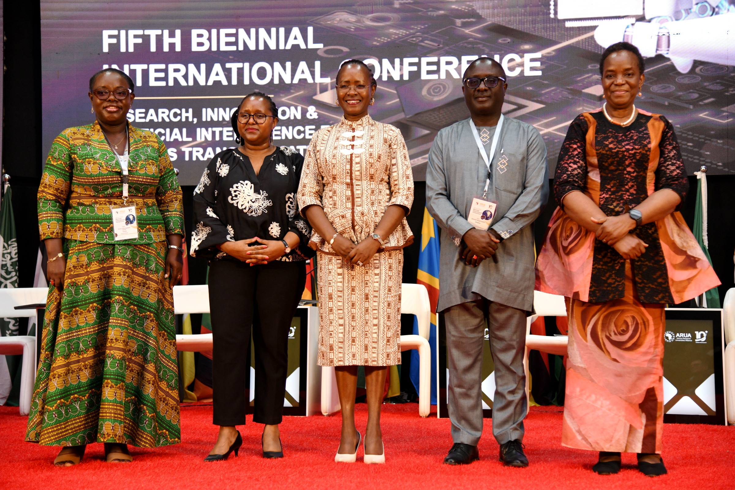 Participants in the Policy Roundtable and Wrap-Up from Left to Right: Prof. Nana Aba Appiah Amfo, Dr Nomakwezi Mzilikazi, Prof. Sarah Ssali, Prof. David Asamoah, and Prof. Oluyemisi Bamgbose, SAN on 31st October 2025. Day 3 of the 5th African Research Universities Alliance (ARUA) Biennial International Conference on Research, Innovation and Artificial Intelligence, October 31, 2025 hosted by Makerere University, Kampala Uganda, East Africa.