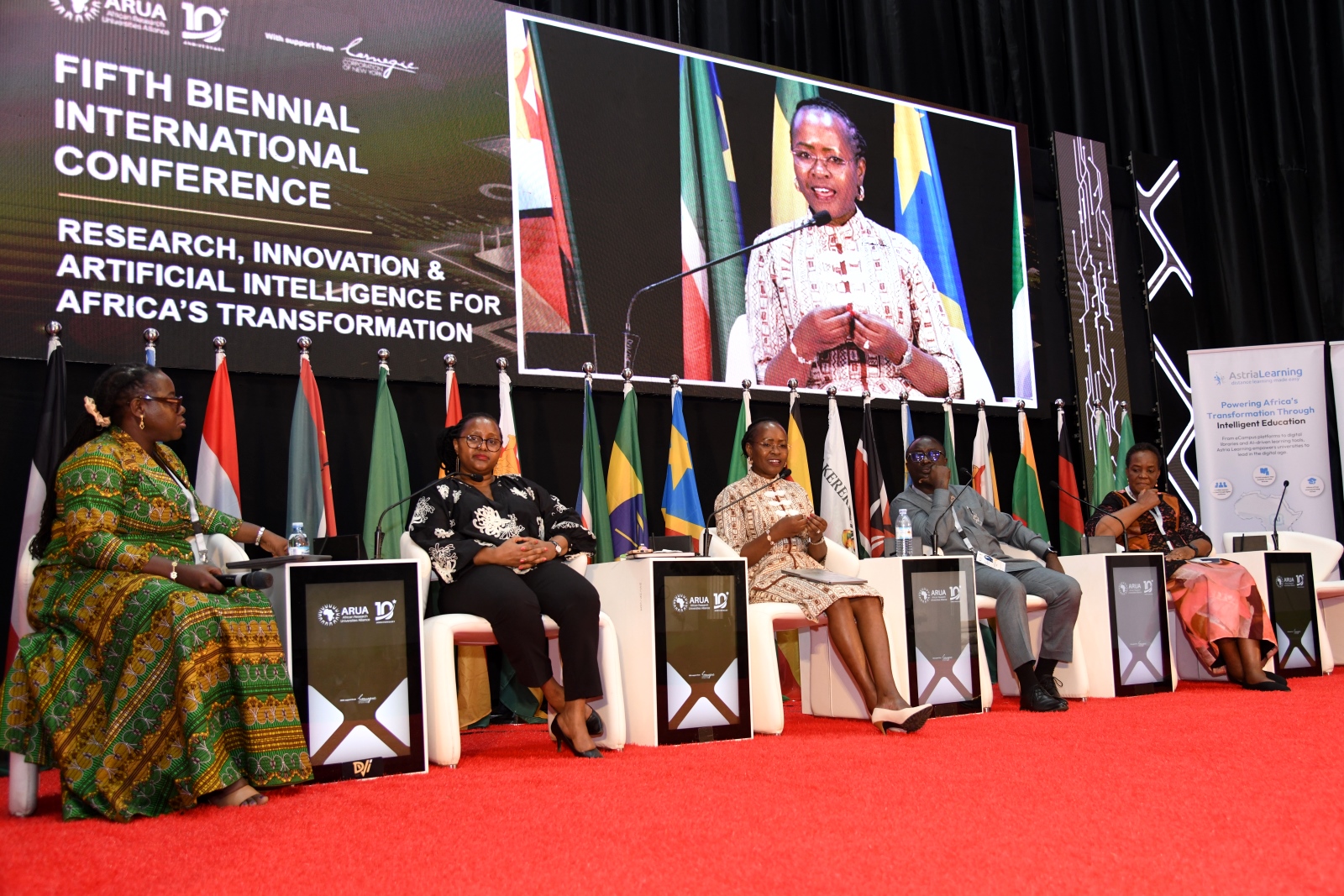 The Policy Roundtable and Wrap-Up with Left to Right: Prof. Nana Aba Appiah Amfo, Dr Nomakwezi Mzilikazi, Prof. Sarah Ssali, Prof. David Asamoah, and Prof. Oluyemisi Bamgbose, SAN. Day 3 of the 5th African Research Universities Alliance (ARUA) Biennial International Conference on Research, Innovation and Artificial Intelligence, October 31, 2025 hosted by Makerere University, Kampala Uganda, East Africa.