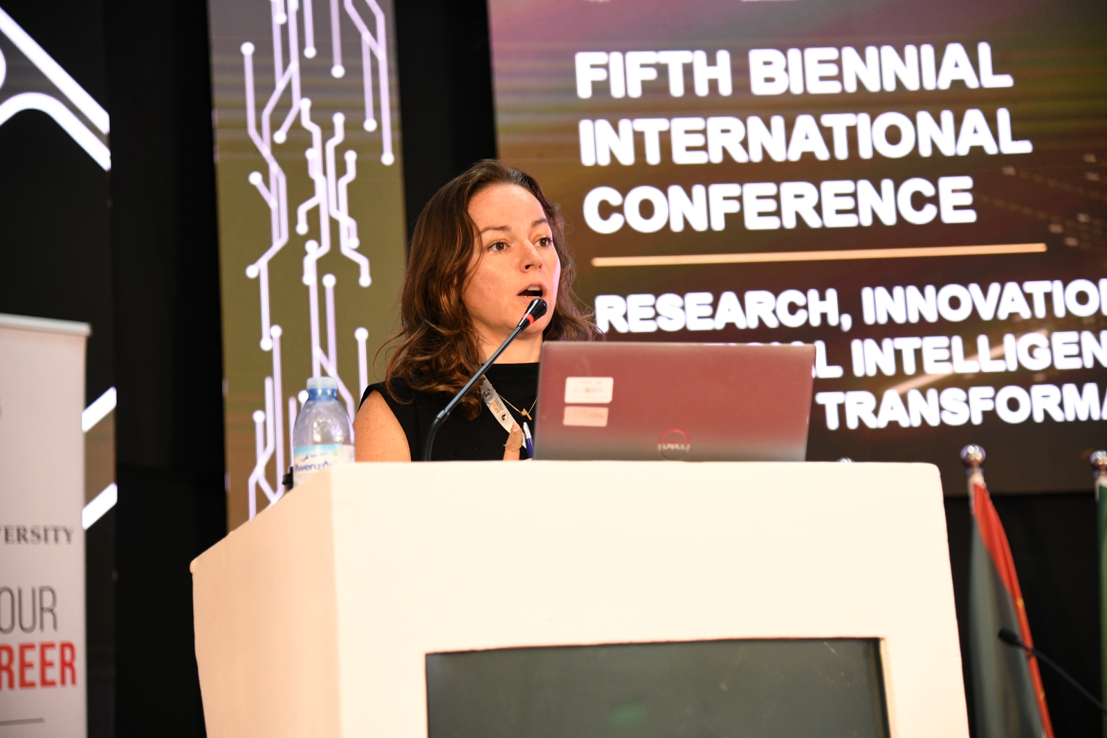 Samantha Carter presents the sixth keynote address. Day 3 of the 5th African Research Universities Alliance (ARUA) Biennial International Conference on Research, Innovation and Artificial Intelligence, October 31, 2025 hosted by Makerere University, Kampala Uganda, East Africa.