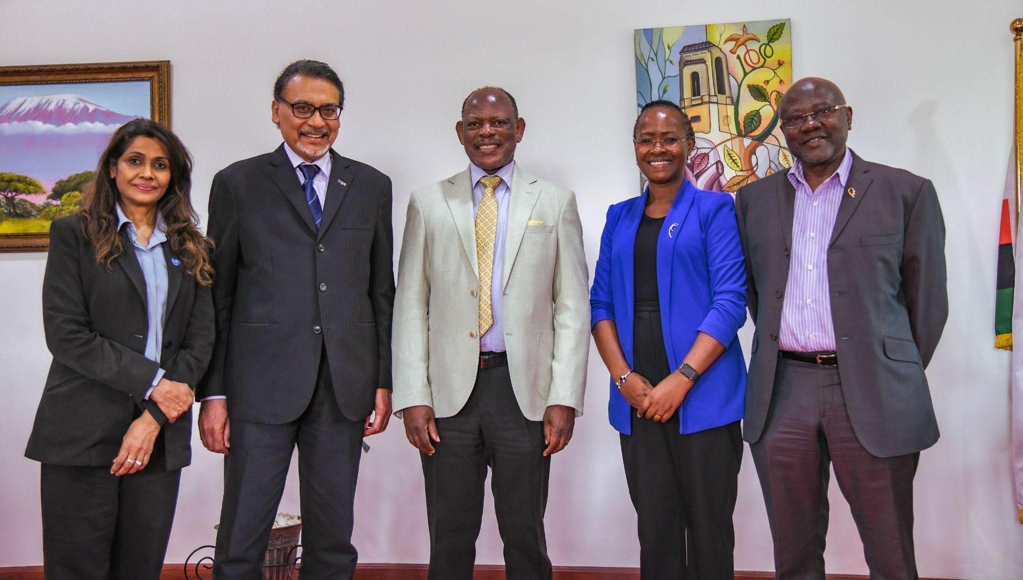 A group photo from the left; Puan Sri Datin, Prof. Dr. Rohini Devi, Tan Sri Dato Professor Joseph Adaikalam, Prof. Barnabas Nawangwe, Prof. Sarah Ssali and Al‑Haj Habib Kagimu, Honorary Consul to Malaysia. Makerere University has started preliminary discussions with Binary University of Management and Entrepreneurship (Malaysia) to deepen its global partnerships through high-level engagements, aimed at fostering innovation-driven education, entrepreneurship, and women’s leadership, Main Building, 21st November 2025, Kampala Uganda, East Africa.