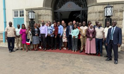 A group photo showing participants of the review meeting for the MERIT project in front of the Main Building. College of Agricultural and Environmental Sciences (CAES) comprehensive impact review of the Environmental Risk Management Under Increasing extremes and Uncertainty (MERIT) Project, bringing together faculty, researchers, students, and partners from Ugandan and Norwegian institutions, 17th November 2025, Main Building, Makerere University, Kampala Uganda, East Africa.