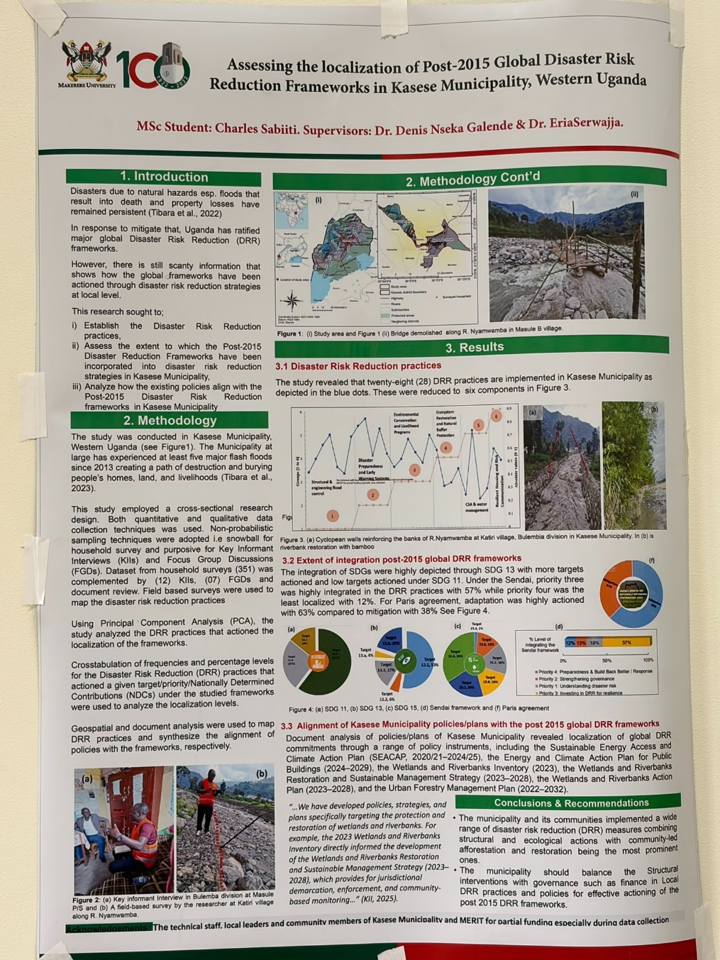 A photo of the synopsis of the research being done by one of the master’s students funded under MERIT at CAES. College of Agricultural and Environmental Sciences (CAES) comprehensive impact review of the Environmental Risk Management Under Increasing extremes and Uncertainty (MERIT) Project, bringing together faculty, researchers, students, and partners from Ugandan and Norwegian institutions, 17th November 2025, Main Building, Makerere University, Kampala Uganda, East Africa.