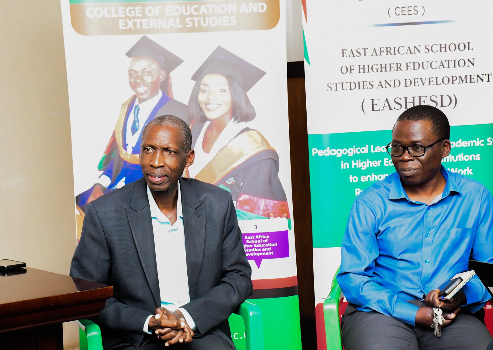 Principal of MakCEES, Prof. Anthony M. Mugagga flanked by Dr. Peter Ssenkusu participating in the inception meeting. College of Education and External Studies, Professor Anthony Muwagga Mugagga, host inception meeting to discuss the modalities of setting up a daycare facility anchored within the Early Childhood Care Education strategy and the Competence Based Education trends, 5th November 2025 Makerere University, Kampala Uganda, East Africa.