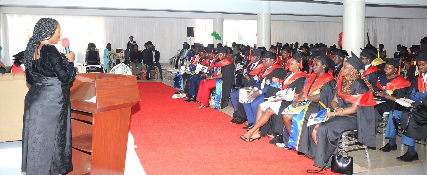 Center Director Ms. Barbara Nalubega addressing students. College of Computing and Information Sciences (CoCIS) graduates 71 students under Phase 2 of the e-VBAB Project, a collaboration between Amity University in India and Makerere University, presided over by Principal Prof. Tonny Oyana on behalf of the Vice Chancellor, Block B CoCIS, 21st November 2025, Kampala Uganda, East Africa.