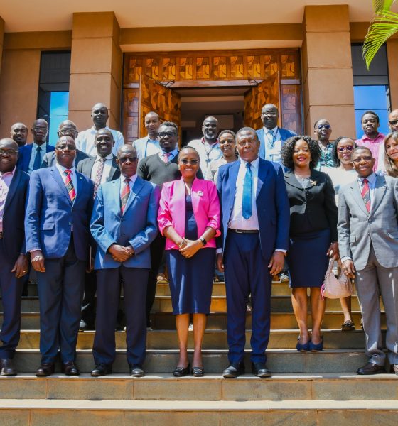 Prof. Sarah Ssali and Dr. Charles Olaro (Centre) with officials and fellows at the Infectious Diseases Institute (IDI) on 27th October 2025. Makerere University Infectious Diseases Institute (IDI) unveils second cohort of PhD Fellows and launch of Sewankambo Training Program for Global Health Security, 27th November 2025, Makerere University, Kampala Uganda, East Africa.