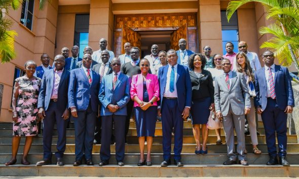 Prof. Sarah Ssali and Dr. Charles Olaro (Centre) with officials and fellows at the Infectious Diseases Institute (IDI) on 27th October 2025. Makerere University Infectious Diseases Institute (IDI) unveils second cohort of PhD Fellows and launch of Sewankambo Training Program for Global Health Security, 27th November 2025, Makerere University, Kampala Uganda, East Africa.