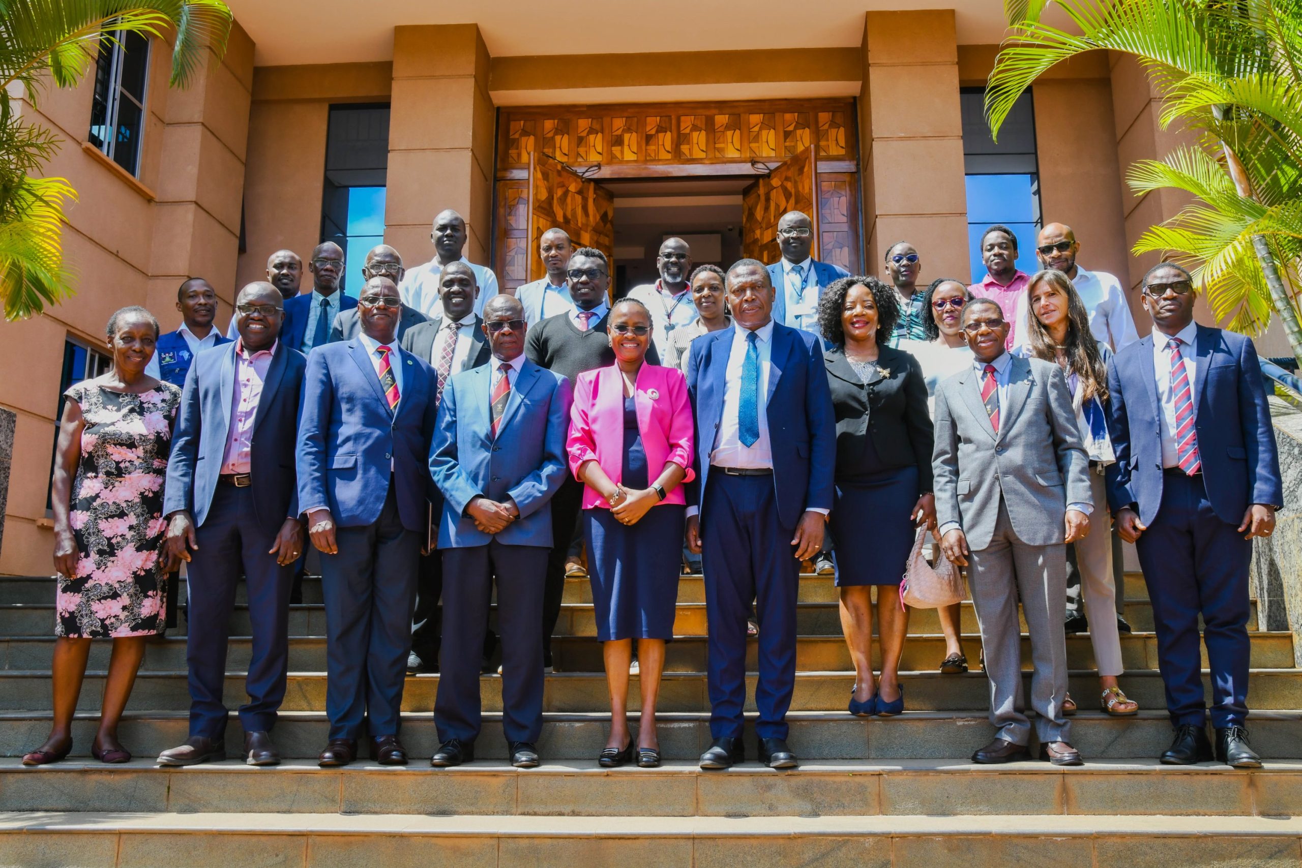 Prof. Sarah Ssali and Dr. Charles Olaro (Centre) with officials and fellows at the Infectious Diseases Institute (IDI) on 27th October 2025. Makerere University Infectious Diseases Institute (IDI) unveils second cohort of PhD Fellows and launch of Sewankambo Training Program for Global Health Security, 27th November 2025, Makerere University, Kampala Uganda, East Africa.