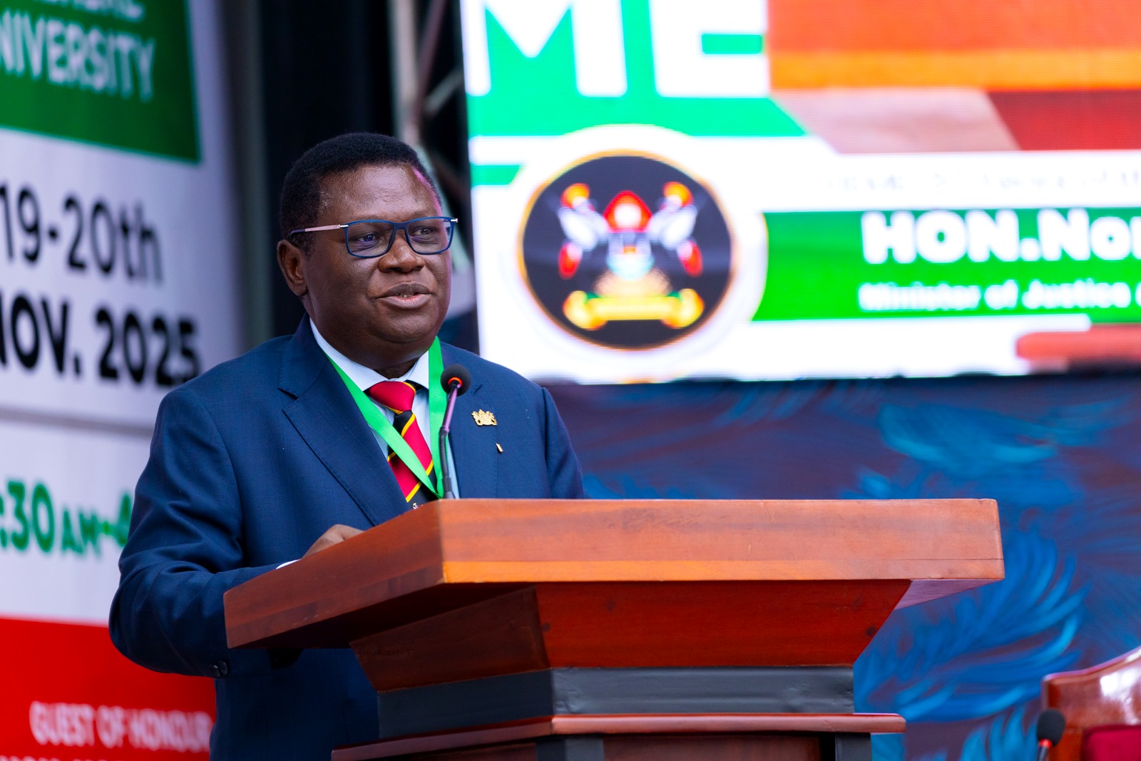 Hon. Norbert Mao delivers his address. World Philosophy Day celebrations 19th–20th November 2025, organized by the Department of Philosophy, College of Humanities and Social Sciences (CHUSS) in collaboration with the School of Law, UNESCO and the Konrad Adenauer Stiftung under the theme: “30 Years of the 1995 Constitution: Gains, Pitfalls and Prospects.” Main Hall, Makerere University, Kampala Uganda, East Africa.