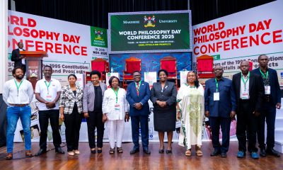 Hon. Norbert Mao (Centre) flanked by Hon. Loice Biira Bwambale (To his Left), Prof. Helen Nambalirwa Nkabala (To his Right), Hon. Hope Mwesigye (4th Right) and other officials at the Conference on 19th November 2025. World Philosophy Day celebrations 19th–20th November 2025, organized by the Department of Philosophy, College of Humanities and Social Sciences (CHUSS) in collaboration with the School of Law, UNESCO and the Konrad Adenauer Stiftung under the theme: “30 Years of the 1995 Constitution: Gains, Pitfalls and Prospects.” Main Hall, Makerere University, Kampala Uganda, East Africa.