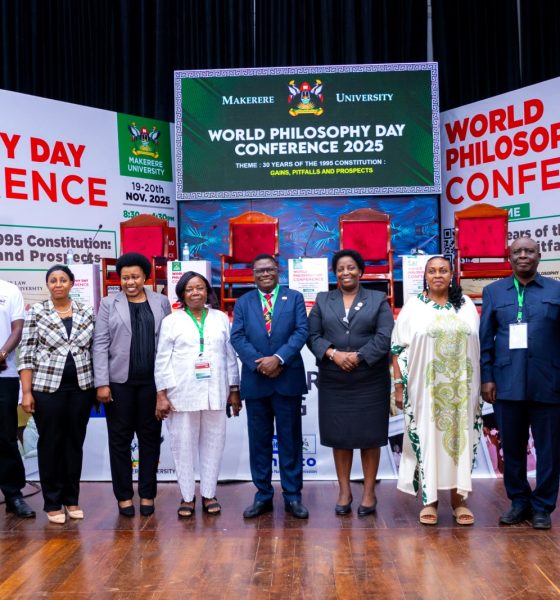 Hon. Norbert Mao (Centre) flanked by Hon. Loice Biira Bwambale (To his Left), Prof. Helen Nambalirwa Nkabala (To his Right), Hon. Hope Mwesigye (4th Right) and other officials at the Conference on 19th November 2025. World Philosophy Day celebrations 19th–20th November 2025, organized by the Department of Philosophy, College of Humanities and Social Sciences (CHUSS) in collaboration with the School of Law, UNESCO and the Konrad Adenauer Stiftung under the theme: “30 Years of the 1995 Constitution: Gains, Pitfalls and Prospects.” Main Hall, Makerere University, Kampala Uganda, East Africa.