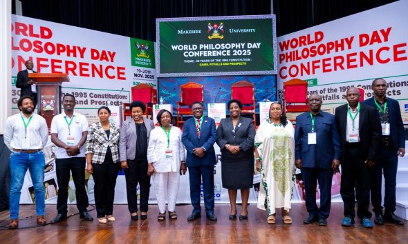 Hon. Norbert Mao (Centre) flanked by Hon. Loice Biira Bwambale (To his Left), Prof. Helen Nambalirwa Nkabala (To his Right), Hon. Hope Mwesigye (4th Right) and other officials at the Conference on 19th November 2025. World Philosophy Day celebrations 19th–20th November 2025, organized by the Department of Philosophy, College of Humanities and Social Sciences (CHUSS) in collaboration with the School of Law, UNESCO and the Konrad Adenauer Stiftung under the theme: “30 Years of the 1995 Constitution: Gains, Pitfalls and Prospects.” Main Hall, Makerere University, Kampala Uganda, East Africa.