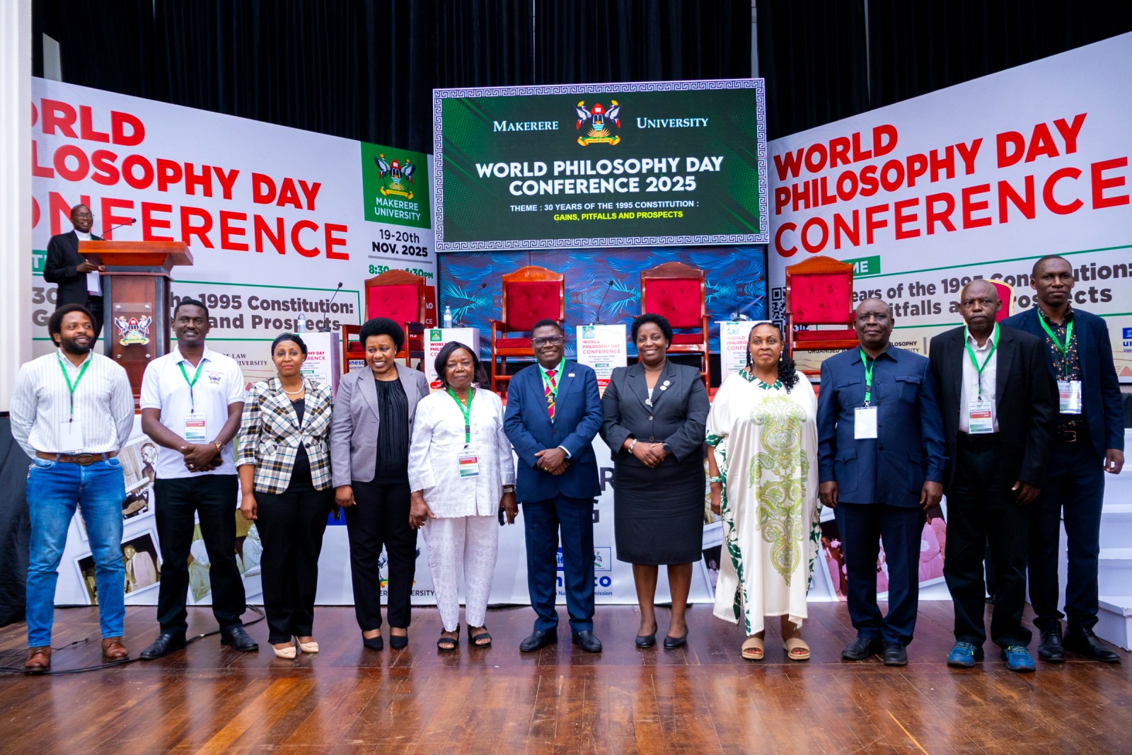Hon. Norbert Mao (Centre) flanked by Hon. Loice Biira Bwambale (To his Left), Prof. Helen Nambalirwa Nkabala (To his Right), Hon. Hope Mwesigye (4th Right) and other officials at the Conference on 19th November 2025. World Philosophy Day celebrations 19th–20th November 2025, organized by the Department of Philosophy, College of Humanities and Social Sciences (CHUSS) in collaboration with the School of Law, UNESCO and the Konrad Adenauer Stiftung under the theme: “30 Years of the 1995 Constitution: Gains, Pitfalls and Prospects.” Main Hall, Makerere University, Kampala Uganda, East Africa.