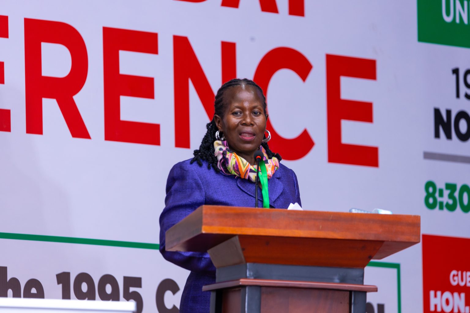 Dr. Pauline Achola, UNATCOM, delivering her speech. World Philosophy Day celebrations 19th–20th November 2025, organized by the Department of Philosophy, College of Humanities and Social Sciences (CHUSS) in collaboration with the School of Law, UNESCO and the Konrad Adenauer Stiftung under the theme: “30 Years of the 1995 Constitution: Gains, Pitfalls and Prospects.” Main Hall, Makerere University, Kampala Uganda, East Africa.