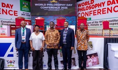 Left to Right: His Lordship Martin Stephen Egonda, Hon. Miria Matembe, Dr. Jimmy Spire Ssentongo, Dr. Daniel Ruhweza and Dr. James Nkuubi pose for a photo on Day 2 of World Philosophy Day celebrations, 20th November 2025. World Philosophy Day celebrations 19th–20th November 2025, organized by the Department of Philosophy, College of Humanities and Social Sciences (CHUSS) in collaboration with the School of Law, UNESCO and the Konrad Adenauer Stiftung under the theme: “30 Years of the 1995 Constitution: Gains, Pitfalls and Prospects.” Main Hall, Makerere University, Kampala Uganda, East Africa.