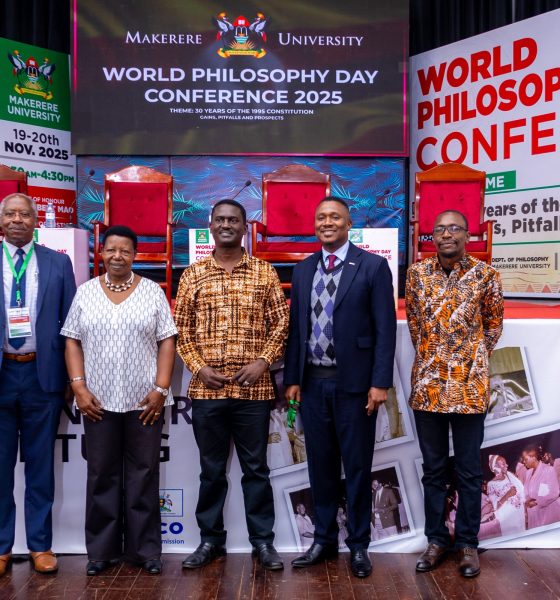 Left to Right: His Lordship Martin Stephen Egonda, Hon. Miria Matembe, Dr. Jimmy Spire Ssentongo, Dr. Daniel Ruhweza and Dr. James Nkuubi pose for a photo on Day 2 of World Philosophy Day celebrations, 20th November 2025. World Philosophy Day celebrations 19th–20th November 2025, organized by the Department of Philosophy, College of Humanities and Social Sciences (CHUSS) in collaboration with the School of Law, UNESCO and the Konrad Adenauer Stiftung under the theme: “30 Years of the 1995 Constitution: Gains, Pitfalls and Prospects.” Main Hall, Makerere University, Kampala Uganda, East Africa.