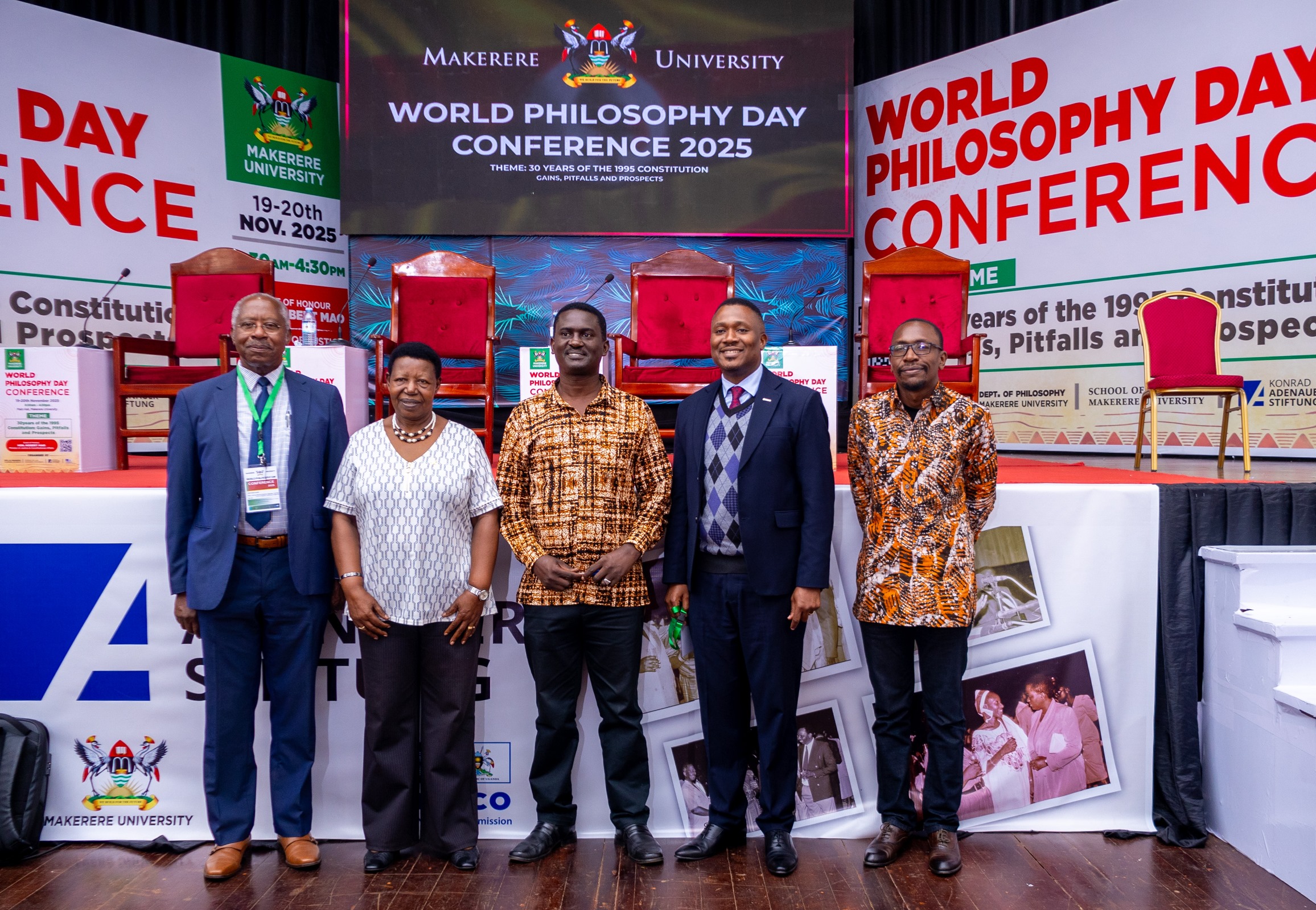 Left to Right: His Lordship Martin Stephen Egonda, Hon. Miria Matembe, Dr. Jimmy Spire Ssentongo, Dr. Daniel Ruhweza and Dr. James Nkuubi pose for a photo on Day 2 of World Philosophy Day celebrations, 20th November 2025. World Philosophy Day celebrations 19th–20th November 2025, organized by the Department of Philosophy, College of Humanities and Social Sciences (CHUSS) in collaboration with the School of Law, UNESCO and the Konrad Adenauer Stiftung under the theme: “30 Years of the 1995 Constitution: Gains, Pitfalls and Prospects.” Main Hall, Makerere University, Kampala Uganda, East Africa.