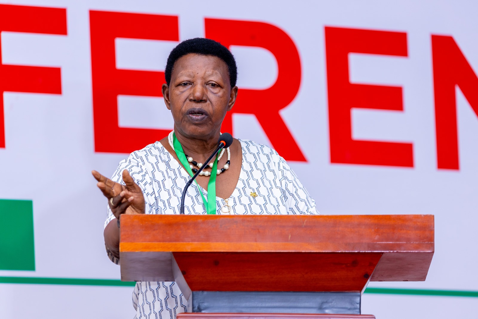 Hon. Miria Matembe addressing the participants. World Philosophy Day celebrations 19th–20th November 2025, organized by the Department of Philosophy, College of Humanities and Social Sciences (CHUSS) in collaboration with the School of Law, UNESCO and the Konrad Adenauer Stiftung under the theme: “30 Years of the 1995 Constitution: Gains, Pitfalls and Prospects.” Main Hall, Makerere University, Kampala Uganda, East Africa.