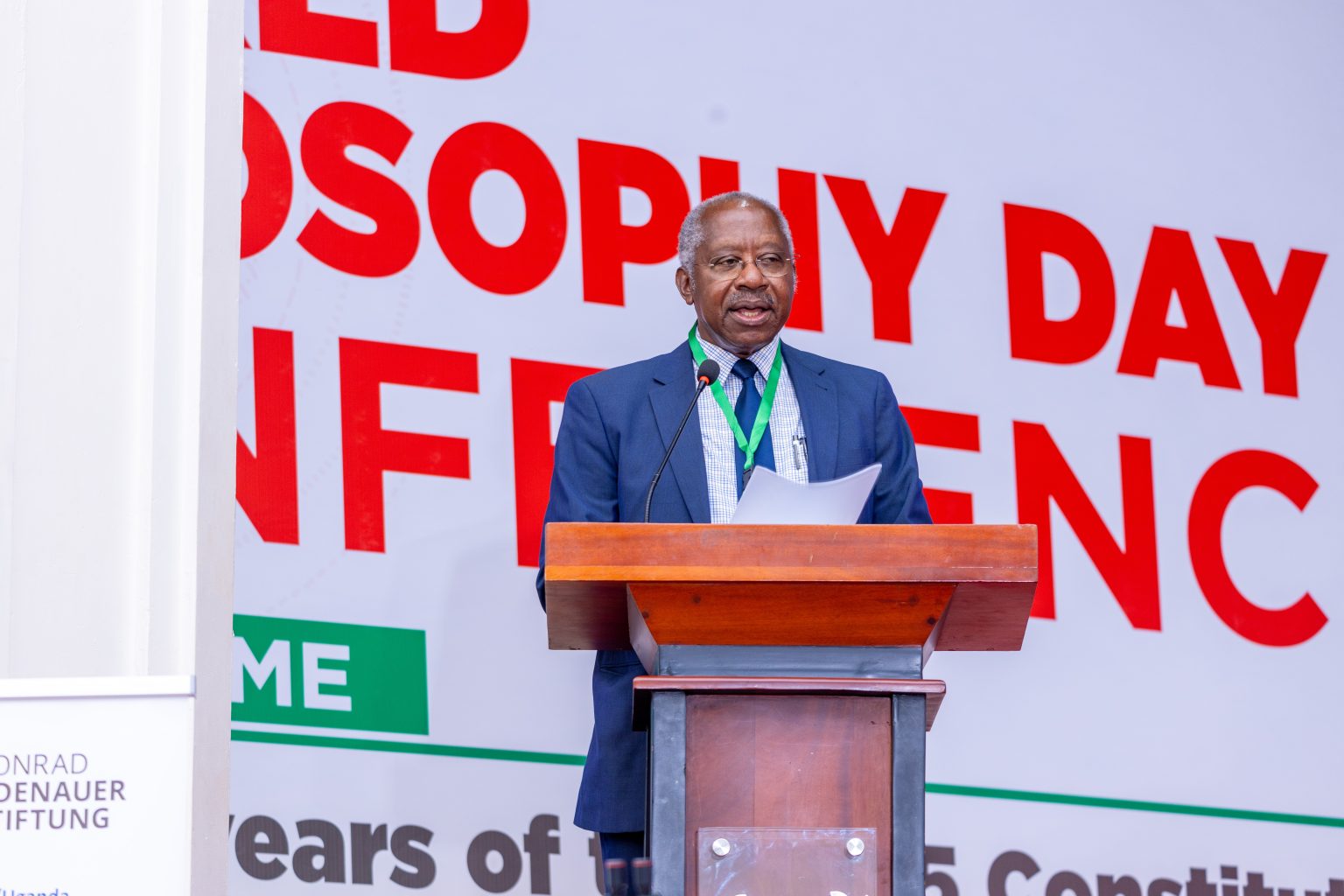 His Lordship Martin Stephen Egonda makes his remarks during the World Philosophy Day Celebrations at Makerere University. World Philosophy Day celebrations 19th–20th November 2025, organized by the Department of Philosophy, College of Humanities and Social Sciences (CHUSS) in collaboration with the School of Law, UNESCO and the Konrad Adenauer Stiftung under the theme: “30 Years of the 1995 Constitution: Gains, Pitfalls and Prospects.” Main Hall, Makerere University, Kampala Uganda, East Africa.