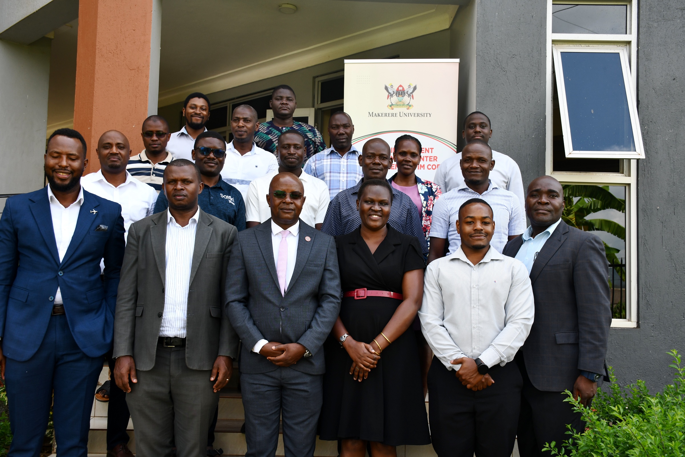 Front Row: Prof. Edward Bbaale (3rd Left) and Dr. John Sseruyange (Right) with trainers and officials from KCCA in Jinja on 17th November 2025. Public Investment Management Centre of Excellence (PIM CoE), College of Business and Management Sciences (CoBAMS) Makerere University, Kampala Uganda, East Africa, two-week specialized training in Financial Appraisal and Risk Analysis for officials from the Kampala Capital City Authority (KCCA) 17th-28th November 2025, Official opening on 17th November 2025 in Jinja.