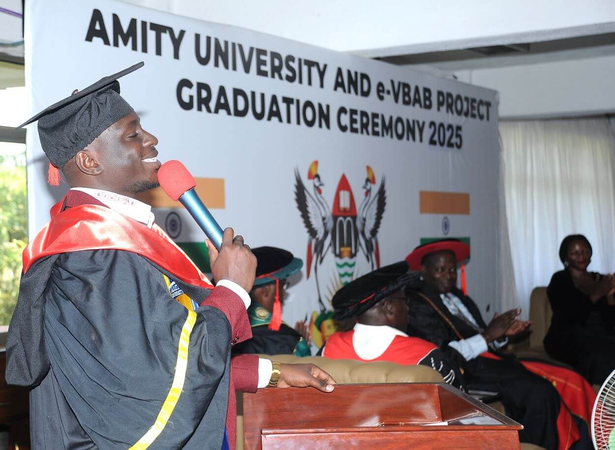 Duncan Nagenda speaking during the graduation ceremony. College of Computing and Information Sciences (CoCIS) graduates 71 students under Phase 2 of the e-VBAB Project, a collaboration between Amity University in India and Makerere University, presided over by Principal Prof. Tonny Oyana on behalf of the Vice Chancellor, Block B CoCIS, 21st November 2025, Kampala Uganda, East Africa.