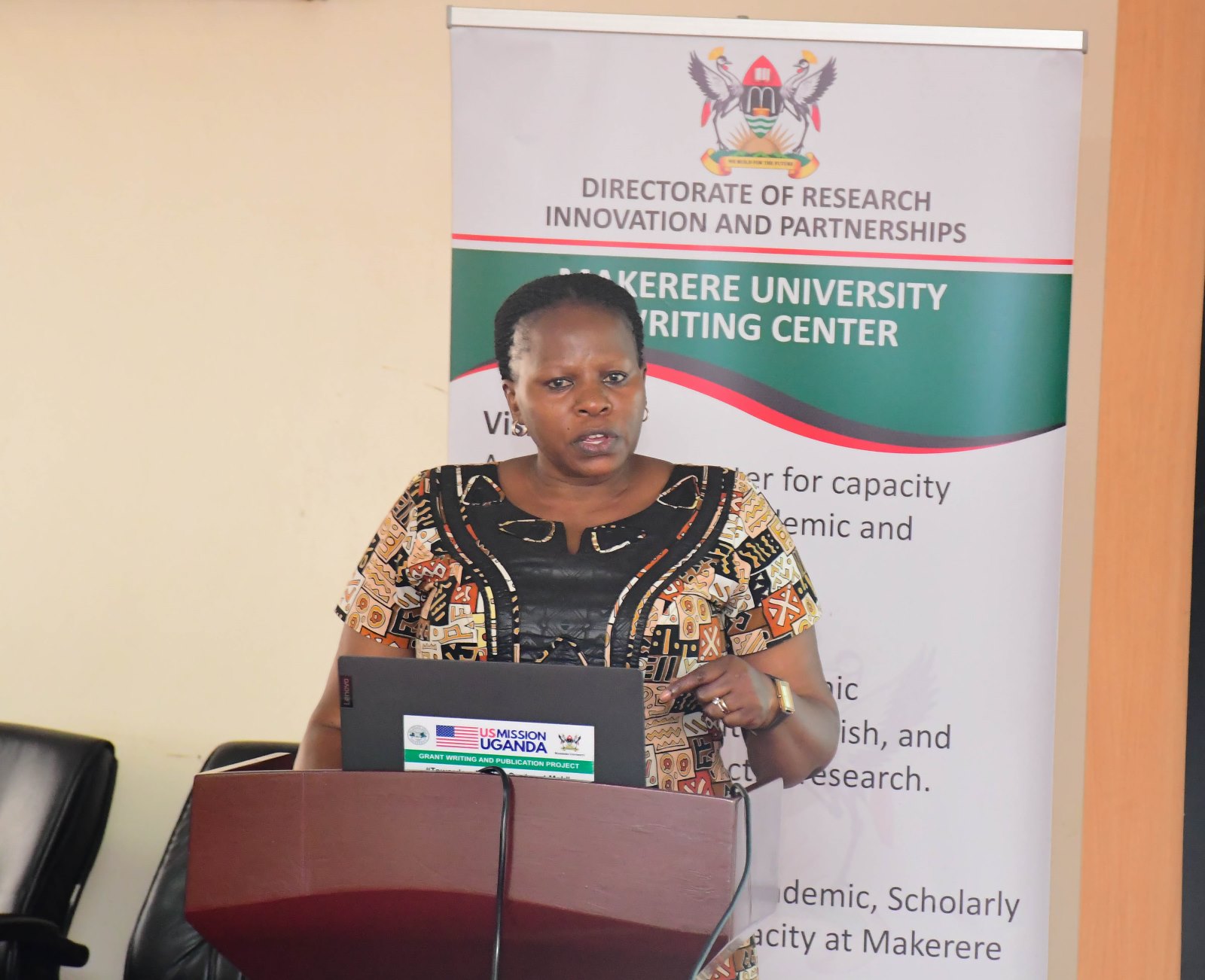 Ms. Prossie Nakayiki. Makerere University Writing Centre (MakWC), Directorate of Research, Innovations and Partnerships (DRIP), workshop aimed at enhancing professional writing skills among University staff, 6th November 2025, School of Business Conference Hall, College of Business and Management Sciences (CoBAMS), Kampala Uganda, East Africa.