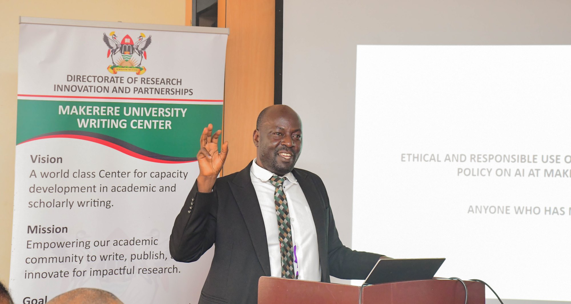Prof. Paul B. Muyinda. Makerere University Writing Centre (MakWC), Directorate of Research, Innovations and Partnerships (DRIP), workshop aimed at enhancing professional writing skills among University staff, 6th November 2025, School of Business Conference Hall, College of Business and Management Sciences (CoBAMS), Kampala Uganda, East Africa.