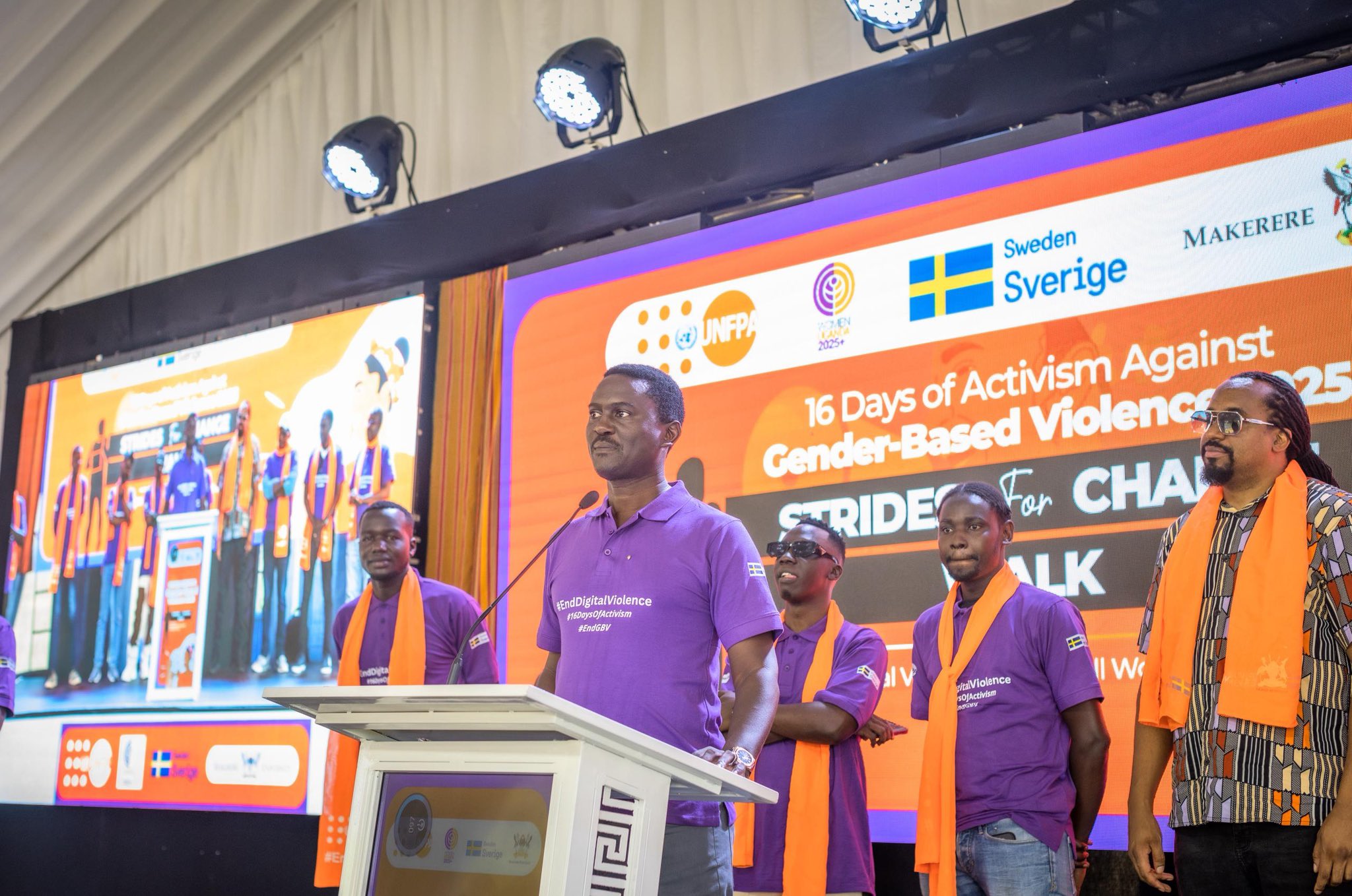 Dr. Jimmy Spire Ssentongo alongside some of the Male Change Makers. Makerere University in partnership with Embassy of Sweden in Uganda and UNFPA in Uganda hosted the "Strides for Change" Activism walk and official unveiling of the 2025 16 Days of Activism campaign on Monday 24th November, 2025.