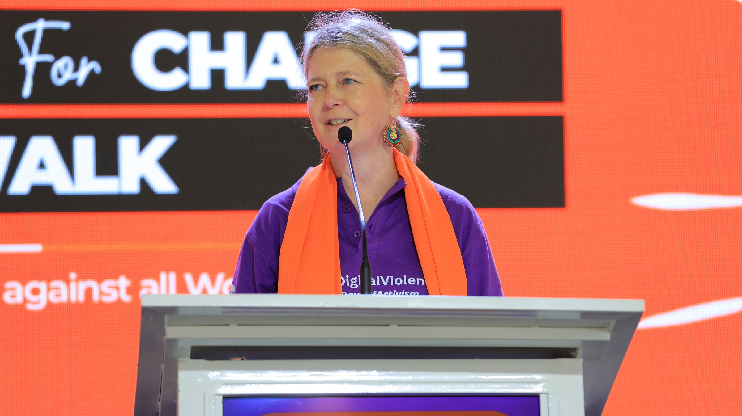 H.E. Maria Håkansson delivers her address. Makerere University in partnership with Embassy of Sweden in Uganda and UNFPA in Uganda hosted the "Strides for Change" Activism walk and official unveiling of the 2025 16 Days of Activism campaign on Monday 24th November, 2025.