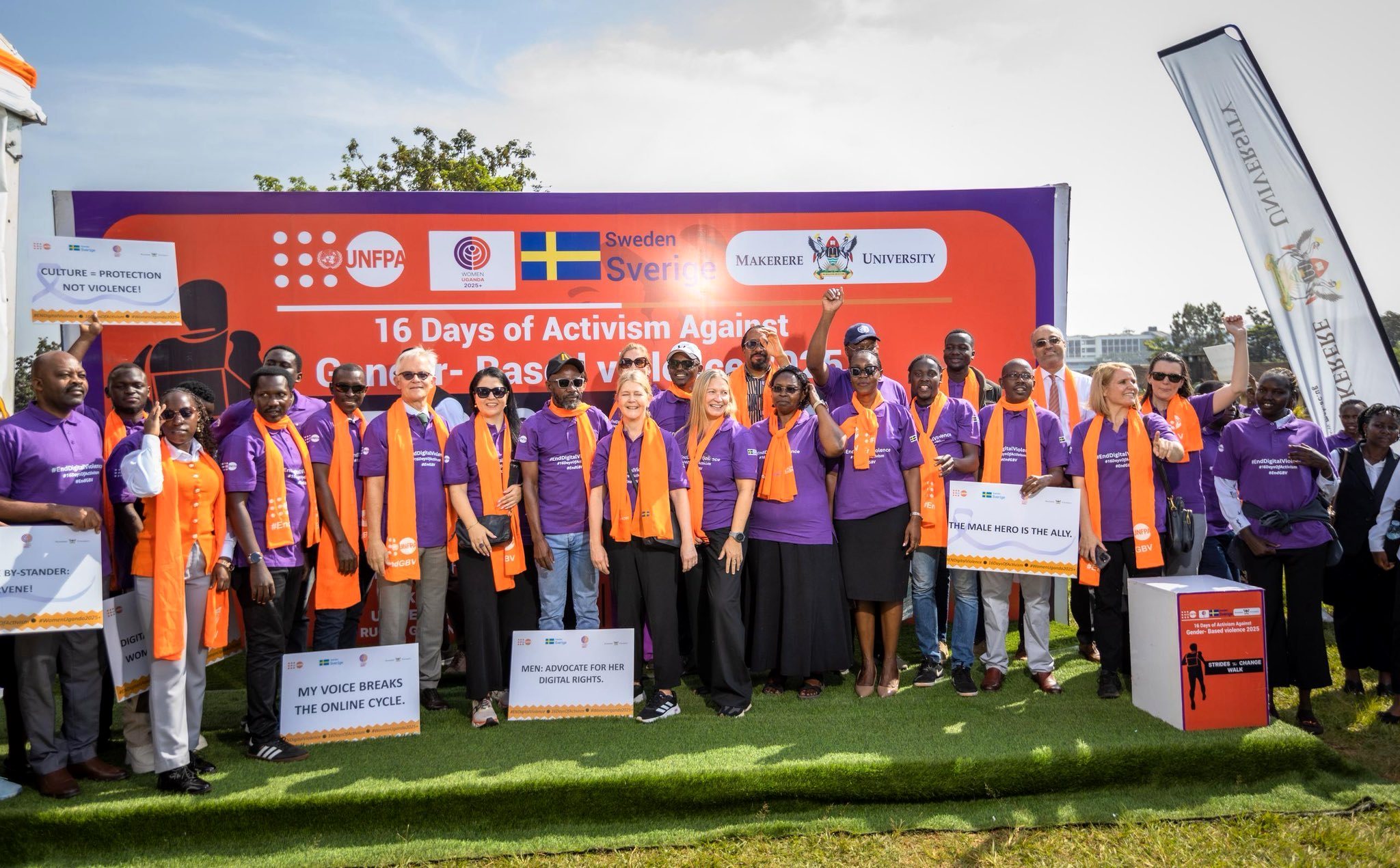 Heads of Diplomatic Missions are joined by Dr. Winifred Kabumbuli and Dr. Euzobia Mugisa Baine and other officials for a group photo at the Rugby Grounds on 24th November 2025. Makerere University in partnership with Embassy of Sweden in Uganda and UNFPA in Uganda hosted the "Strides for Change" Activism walk and official unveiling of the 2025 16 Days of Activism campaign on Monday 24th November, 2025.