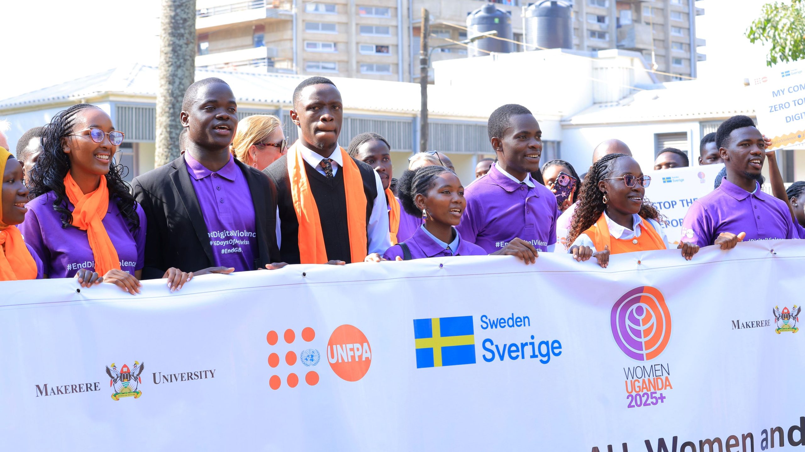 H.E. Churchill James Ssentamu alongside other Student Leaders hold the "Strides for Change" banner at Mary Stuart Hall. Makerere University in partnership with Embassy of Sweden in Uganda and UNFPA in Uganda hosted the "Strides for Change" Activism walk and official unveiling of the 2025 16 Days of Activism campaign on Monday 24th November, 2025.