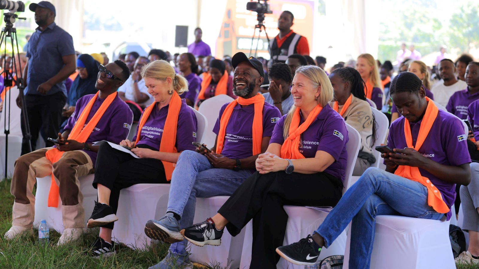 H.E. H.E. Maria Håkansson (2nd Left) and UNFPA Country Representative, Ms. Kristine Biokhus (2nd Right) with some of the Male Changemakers from Left to Right: Douglas Lwanga, Joseph Beyanga and Don Zane Muwanguzi. Makerere University in partnership with Embassy of Sweden in Uganda and UNFPA in Uganda hosted the "Strides for Change" Activism walk and official unveiling of the 2025 16 Days of Activism campaign on Monday 24th November, 2025.