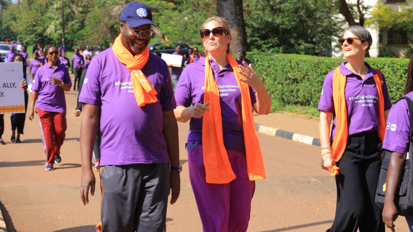 The UN Resident Coordinator, Mr. Leonard Zulu (Left) and other officials take part in the "Strides for Change" Walk. Makerere University in partnership with Embassy of Sweden in Uganda and UNFPA in Uganda hosted the "Strides for Change" Activism walk and official unveiling of the 2025 16 Days of Activism campaign on Monday 24th November, 2025.