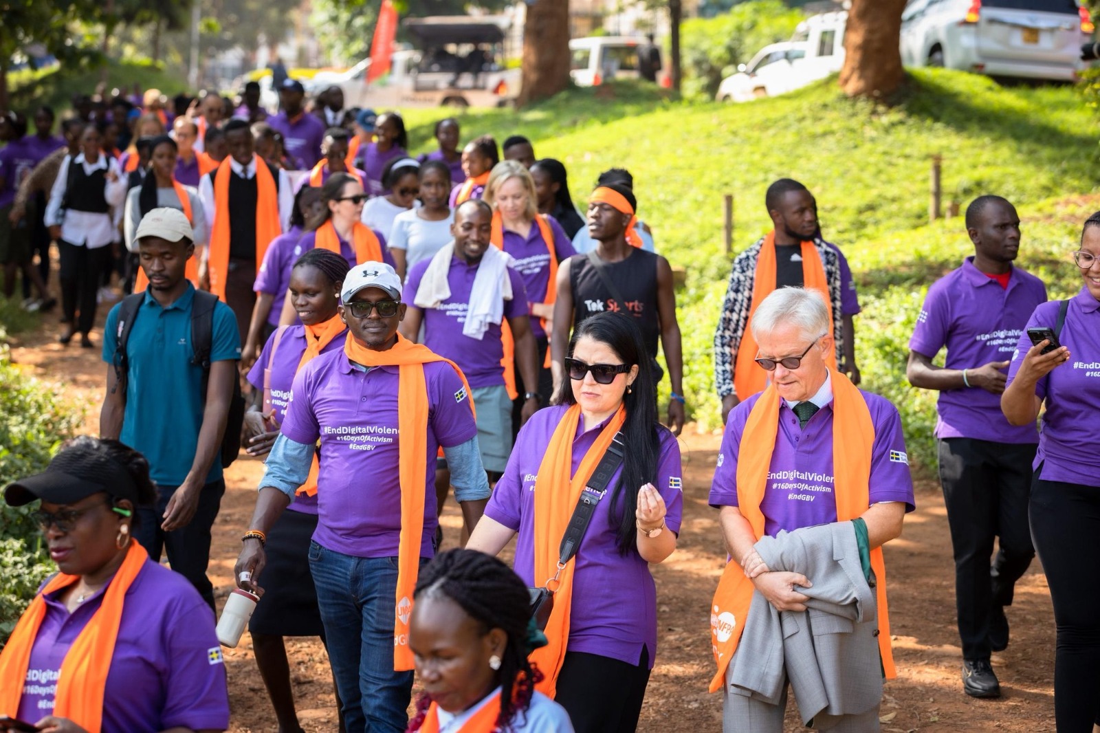Ambassadors, Male Changemakers and other participants in the "Strides for Change" Walk make their way to the Impis Rugby Grounds. Makerere University in partnership with Embassy of Sweden in Uganda and UNFPA in Uganda hosted the "Strides for Change" Activism walk and official unveiling of the 2025 16 Days of Activism campaign on Monday 24th November, 2025.
