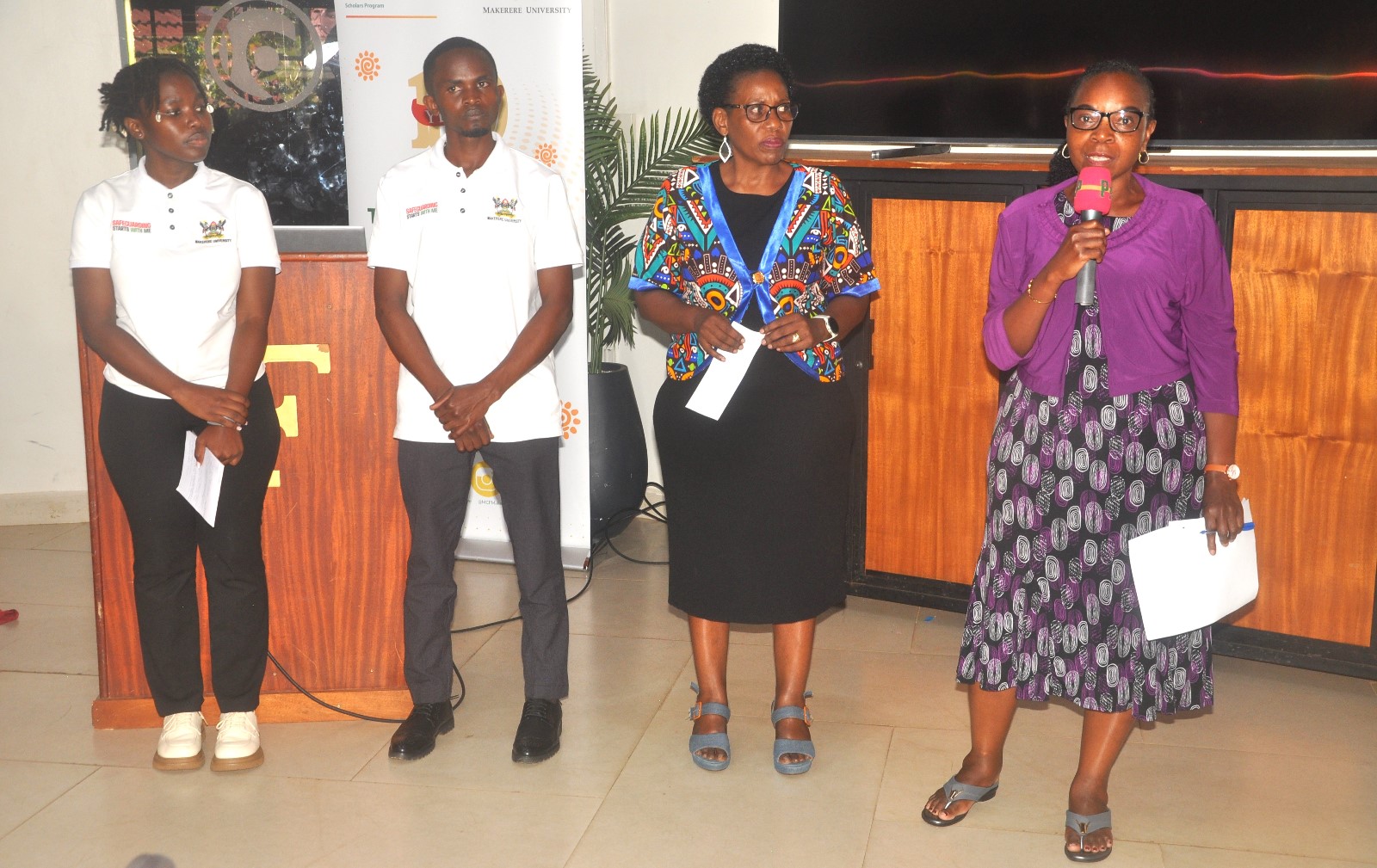 Two students and a staff share their experiences of championing safeguarding at Makerere University. Mastercard Foundation Scholars Program at Makerere University annual workshop for mentors, 13th November 2025, Fairway Hotel, Kampala Uganda, East Africa.