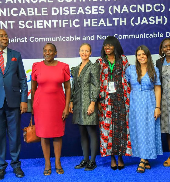Justice Duncan Gaswaga (Left) with officials including Dr. Juliet Babirye (3rd Right) and panelists who included Dr. Ane-Marthe Solheim Skar (3rd Left), Dr. Harriet Aber-Odonga (Right) and others. Ministry of Health (MoH), Makerere University School of Public Health (MakSPH), Makerere University College of Health Science (MakCHS) and other partners jointly hosting the National Annual Communicable and Non-Communicable Diseases (NACNDC) and 19th Joint Annual Scientific Health (JASH) Conference 2025, running from 3rd to 7th November, Pre-Conference Symposium under the theme “Breaking the Silence: Advancing Mental Health Awareness and Resilience,” with a sub-theme on “Advancing Mental Health in Schools and Universities — Research and Policy Perspectives” 3rd November 2025, Victoria Hall, Speke Resort Munyonyo, Kampala Uganda, East Africa.