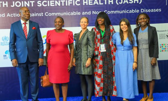 Justice Duncan Gaswaga (Left) with officials including Dr. Juliet Babirye (3rd Right) and panelists who included Dr. Ane-Marthe Solheim Skar (3rd Left), Dr. Harriet Aber-Odonga (Right) and others. Ministry of Health (MoH), Makerere University School of Public Health (MakSPH), Makerere University College of Health Science (MakCHS) and other partners jointly hosting the National Annual Communicable and Non-Communicable Diseases (NACNDC) and 19th Joint Annual Scientific Health (JASH) Conference 2025, running from 3rd to 7th November, Pre-Conference Symposium under the theme “Breaking the Silence: Advancing Mental Health Awareness and Resilience,” with a sub-theme on “Advancing Mental Health in Schools and Universities — Research and Policy Perspectives” 3rd November 2025, Victoria Hall, Speke Resort Munyonyo, Kampala Uganda, East Africa.
