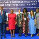 Justice Duncan Gaswaga (Left) with officials including Dr. Juliet Babirye (3rd Right) and panelists who included Dr. Ane-Marthe Solheim Skar (3rd Left), Dr. Harriet Aber-Odonga (Right) and others. Ministry of Health (MoH), Makerere University School of Public Health (MakSPH), Makerere University College of Health Science (MakCHS) and other partners jointly hosting the National Annual Communicable and Non-Communicable Diseases (NACNDC) and 19th Joint Annual Scientific Health (JASH) Conference 2025, running from 3rd to 7th November, Pre-Conference Symposium under the theme “Breaking the Silence: Advancing Mental Health Awareness and Resilience,” with a sub-theme on “Advancing Mental Health in Schools and Universities — Research and Policy Perspectives” 3rd November 2025, Victoria Hall, Speke Resort Munyonyo, Kampala Uganda, East Africa.