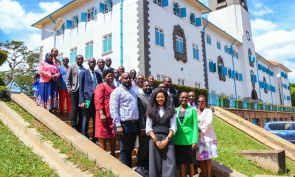 Members of Top Management and Amb. Judyth Nsababera pose for a group photo at the Main Building Staircase on 26th November 2025. Makerere University, in a Top Management meeting chaired by Prof. Sarah Ssali, the Acting Vice Chancellor, hosted an important engagement with Uganda’s Consul General to China, Amb. Judyth Nsababera, 26th November 2025, Main Building, Kampala Uganda, East Africa.