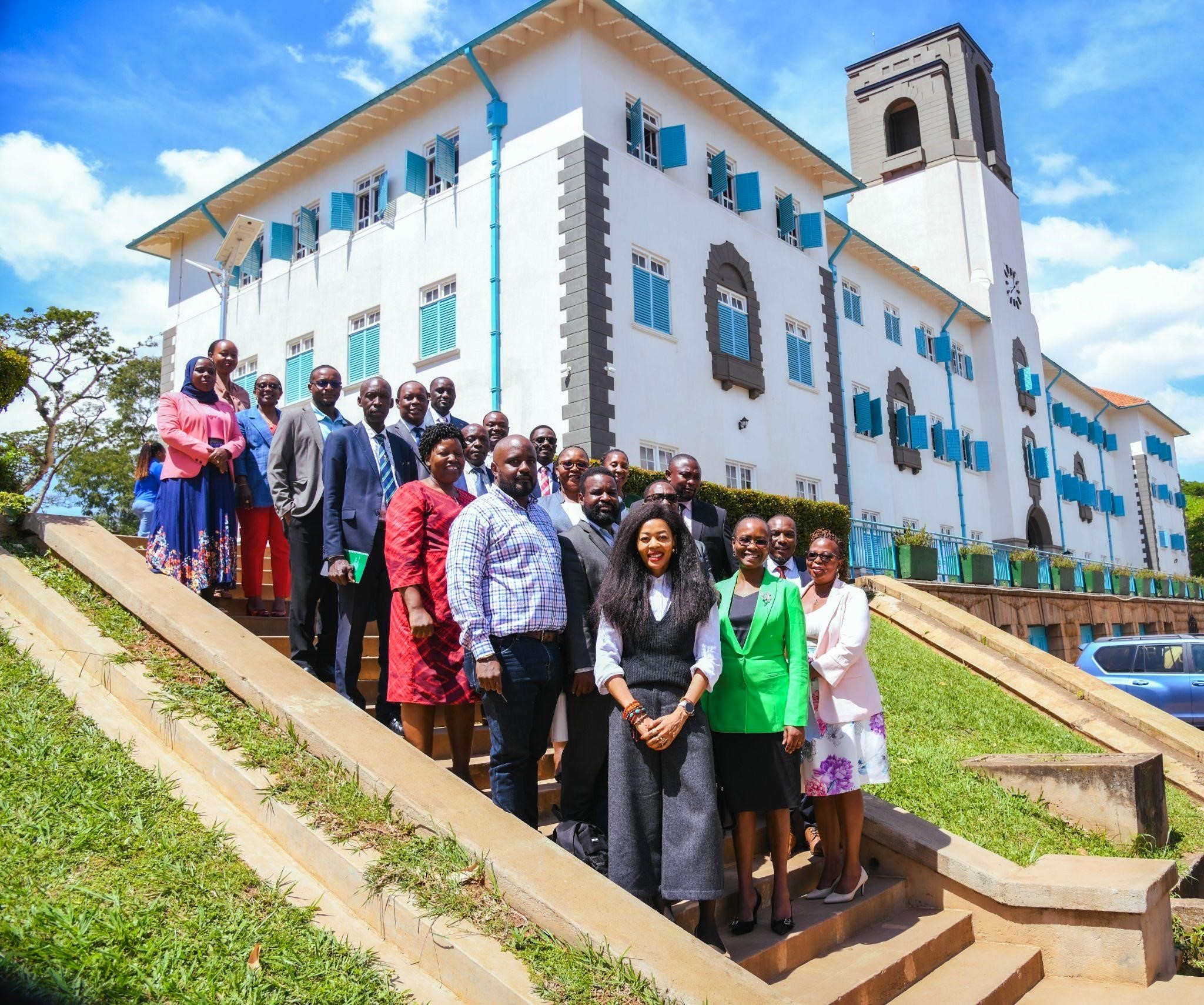 Members of Top Management and Amb. Judyth Nsababera pose for a group photo at the Main Building Staircase on 26th November 2025. Makerere University, in a Top Management meeting chaired by Prof. Sarah Ssali, the Acting Vice Chancellor, hosted an important engagement with Uganda’s Consul General to China, Amb. Judyth Nsababera, 26th November 2025, Main Building, Kampala Uganda, East Africa.