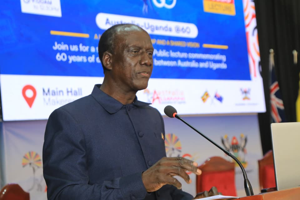 Ambassador Mull Sebujja Katende delivering a keynote address. Celebration of 60 years of diplomatic relations between the Republic of Uganda and the Commonwealth of Australia organized by the Australian Alumni Association of Uganda (A3-U) in partnership with Makerere University and the Australian High Commission, 18th November 2025, Kampala Uganda, East Africa.