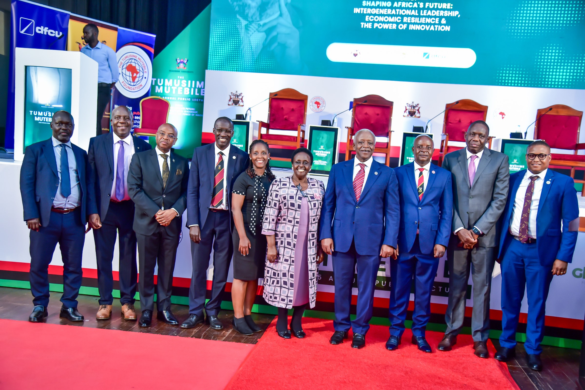Mrs. Betty Tumusiime-Mutebile (Centre) poses for a group photo with dignitaries that graced the 3rd Edition of the public lecture on 3rd December 2025. Makerere University hosted the Tumusiime Mutebile Annual Lecture, a tradition established to honour the life and legacy of the late Prof. Emmanuel Tumusiime-Mutebile, an outstanding alumnus and former Governor of the Bank of Uganda who passed away in 2022, 3rd December 2025, Main Hall, Kampala Uganda, East Africa.
