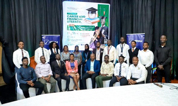 A group of the student leadership, staff of the DFCU Foundation and staff of Makerere University that were in attendance at the career symposium. Career & Financial Literacy Symposium, hosted by the 91st Students’ Guild, in partnership with the Makerere Advancement Office and the DFCU Foundation for Finalists, 4th December 2025, Department of Pharmacy Auditorium, Makerere University Kampala Uganda, East Africa.