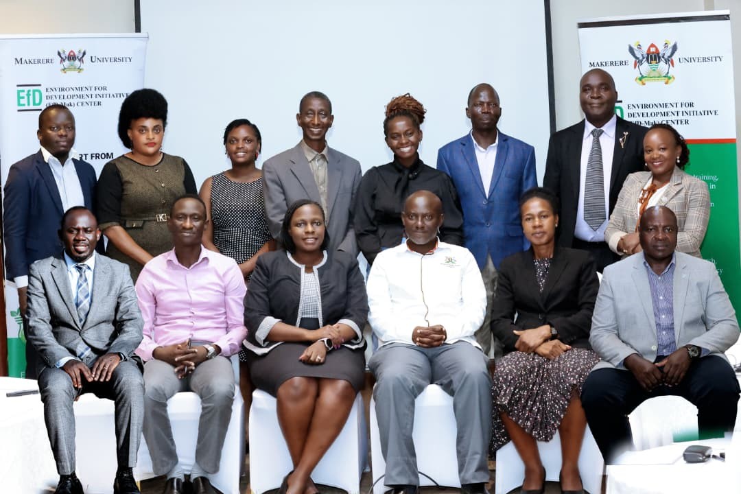 Peter Babyenda, Emmanuel Odeng, MAAIF, Getrude Basima, MoFPED and IGE fellow, Tumusiime Boaz, MTWAIGE fellow, Catherine Kirabo MWE and Nicholus Magara, MWEIGE fellow in group photo with participants. The high-level annual workshop organised by the Environment for Development (EfD) Makerere University Centre through its regional Inclusive Green Economy (IGE) Programme to draw a roadmap for accelerating the adoption of Climate Smart Agriculture (CSA) as Uganda struggles with rising climate shocks, stagnating agricultural productivity and worsening poverty levels, held on December 4, 2025 at the Sheraton Kampala Hotel, Uganda, East Africa.