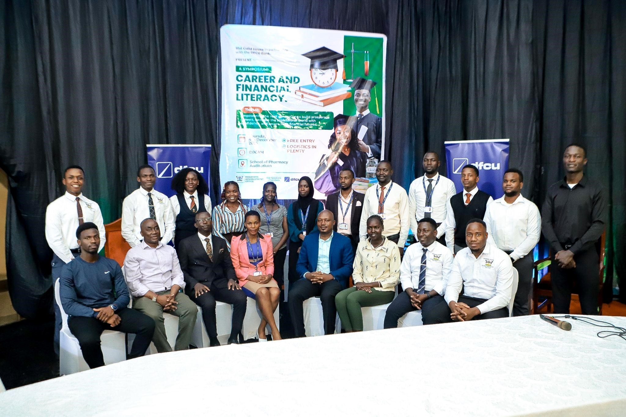 A group of the student leadership, staff of the DFCU Foundation and staff of Makerere University that were in attendance at the career symposium. Career & Financial Literacy Symposium, hosted by the 91st Students’ Guild, in partnership with the Makerere Advancement Office and the DFCU Foundation for Finalists, 4th December 2025, Department of Pharmacy Auditorium, Makerere University Kampala Uganda, East Africa.