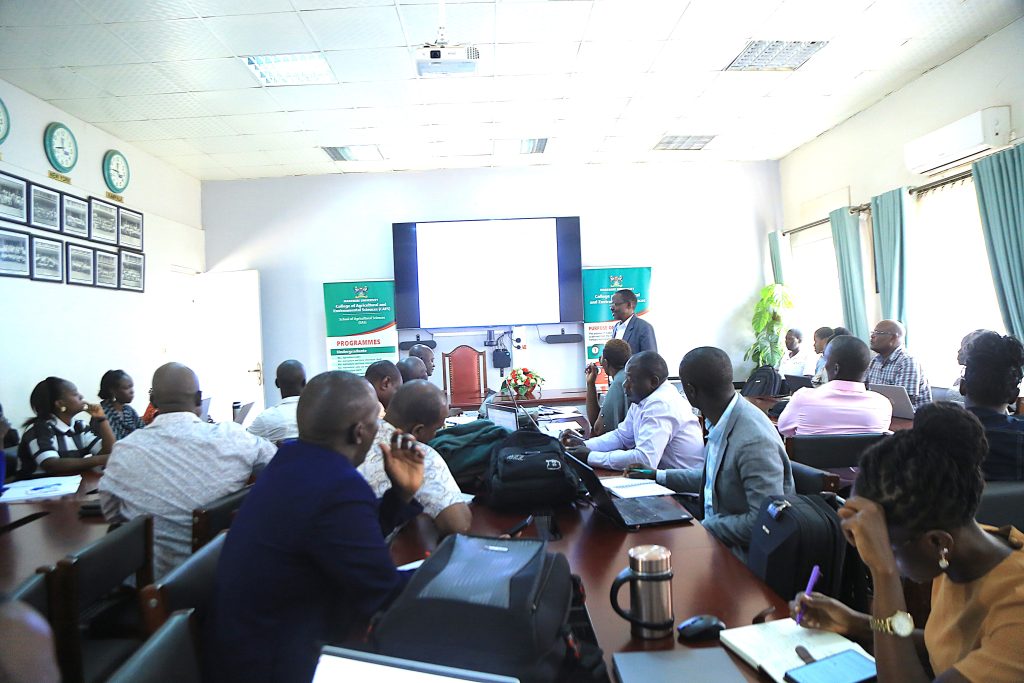 Dr. Settumba B. Mukasa delivering his keynote address. Inaugural College of Agricultural and Environmental Sciences (CAES) Doctoral Symposium, held from 10th to 11th September 2025, School of Food Technology, Nutrition, and Bioengineering Conference Hall, Makerere University, Kampala Uganda, East Africa.