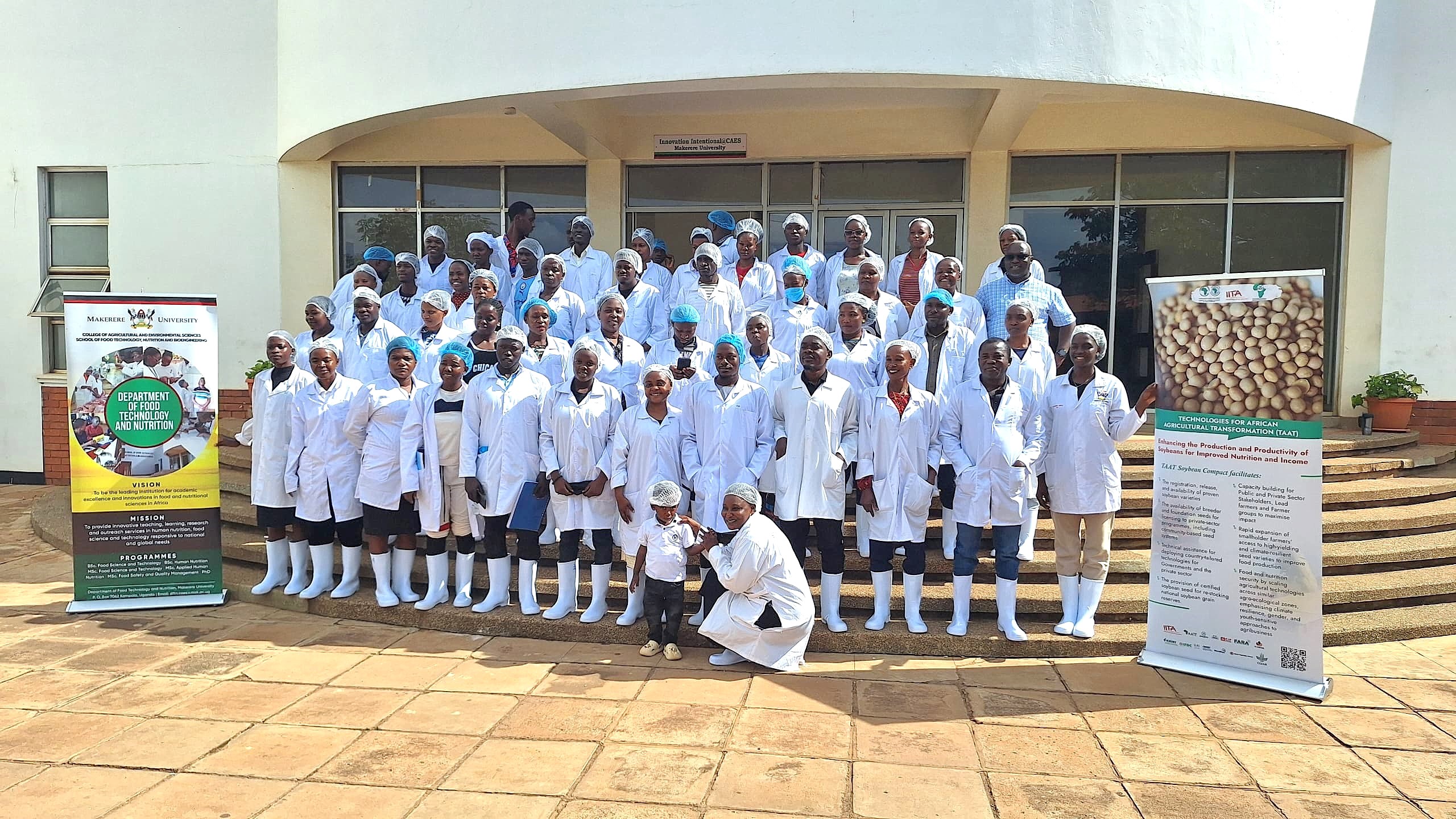 The trainees at the School of Food Technology, Nutrition, and Bioengineering at Makerere University. Department of Food Technology and Nutrition (DFTN) in collaboration with Smart Foods Uganda Ltd five-day intensive training on soybean value addition and product development implemented with support from IITA Uganda under the Training for African Agricultural Transformation (TAAT) Soy Compact Project, aimed at strengthening agro-processing capacities and promoting soybean utilization for improved nutrition and livelihoods, 24th to 28th November 2025, Makerere University Food Technology and Business Incubation Centre (FTBIC), Kampala Uganda, East Africa.
