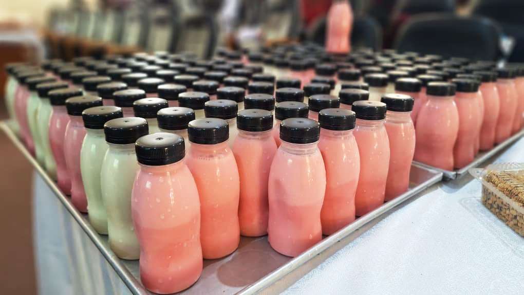 The yoghurt produced during the training session. Department of Food Technology and Nutrition (DFTN) in collaboration with Smart Foods Uganda Ltd five-day intensive training on soybean value addition and product development implemented with support from IITA Uganda under the Training for African Agricultural Transformation (TAAT) Soy Compact Project, aimed at strengthening agro-processing capacities and promoting soybean utilization for improved nutrition and livelihoods, 24th to 28th November 2025, Makerere University Food Technology and Business Incubation Centre (FTBIC), Kampala Uganda, East Africa.