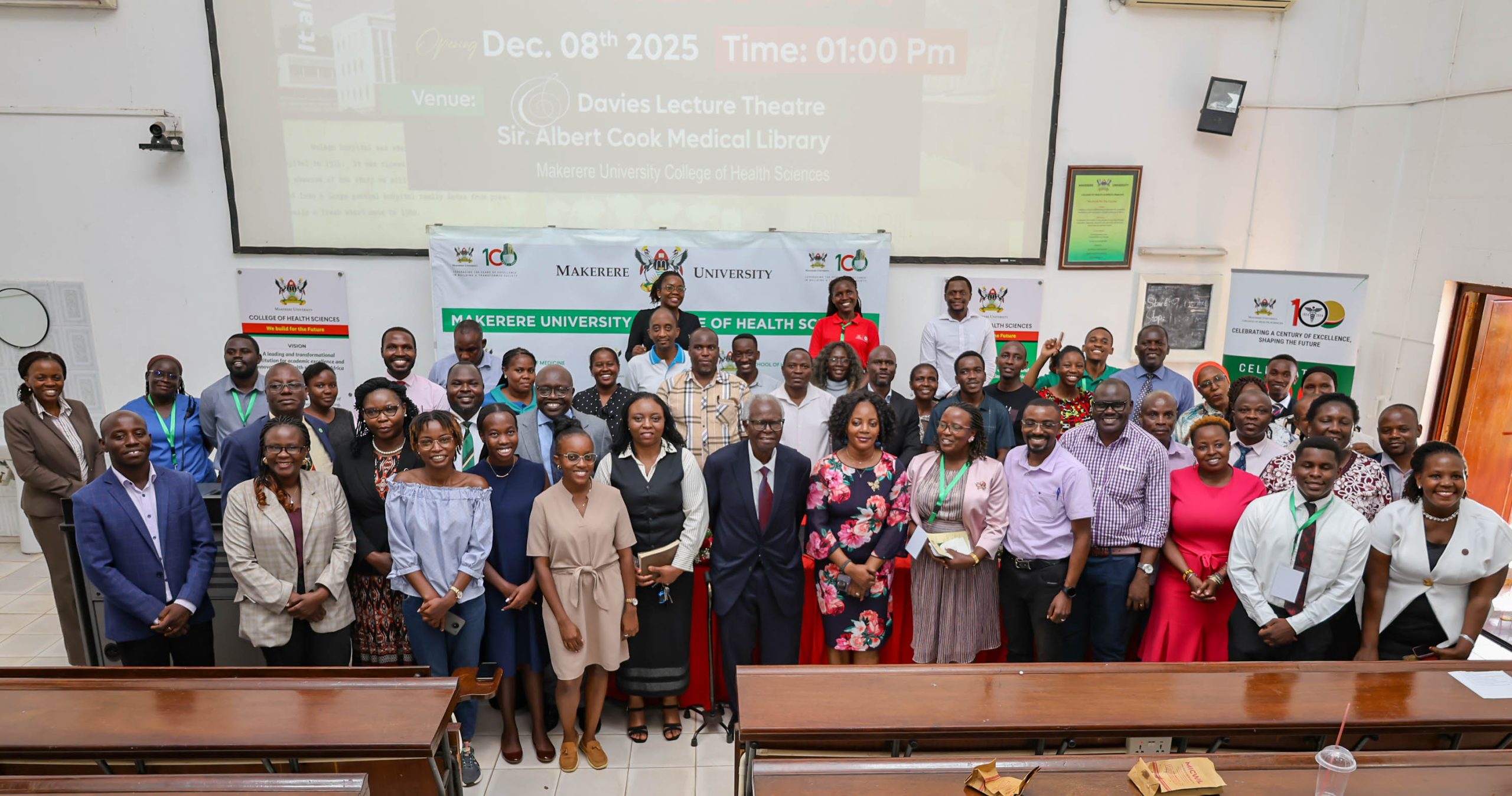 A group photo for all at the official launch. Centennial Exhibition marking 100 years of Makerere University College of Health Sciences (MakCHS) opening 8th December 2025, Sir Albert Cook Library, Mulago Hill, Kampala Uganda, East Africa.