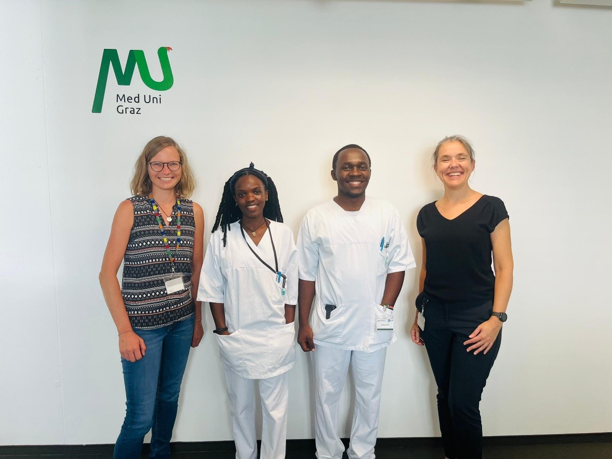 Left to Right: Iris Topolovec PR Bilateral agreements, Asha Nagawa, Muruhuura Matthias and Eva Weixler Rotations coordinator. Makerere University College of Health Sciences (MakCHS), Kampala Uganda, East Africa continues to advance its internationalization agenda by strengthening cross-border partnerships and expanding student and staff mobility in response to global health training needs.